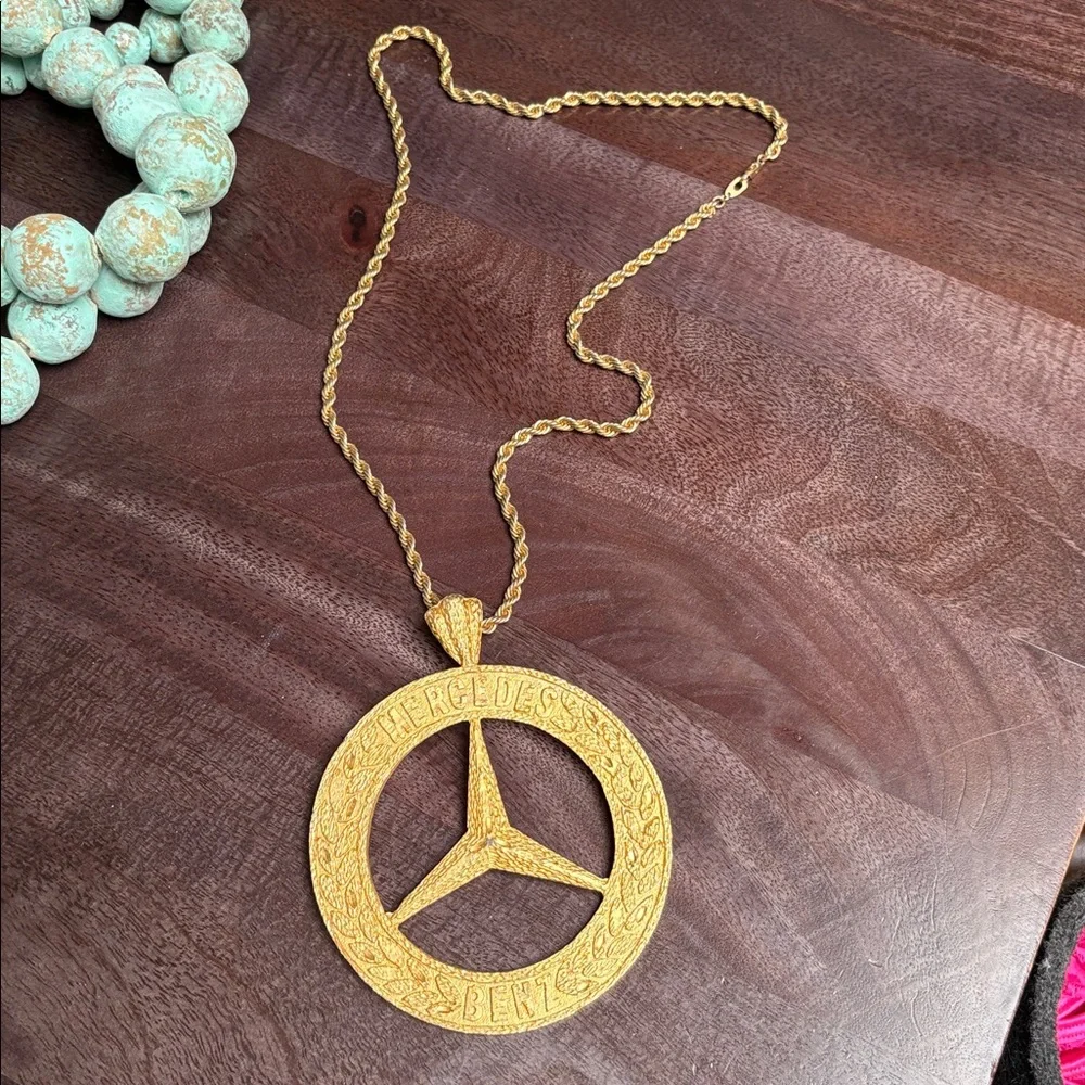 Gold Metal Mercedes Benz Logo Pendant Medallion and Chain Necklace